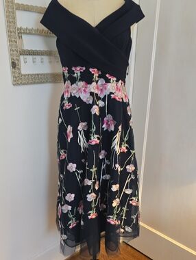Teri Jon Navy Midi Dress with Pink Floral Embroidery
